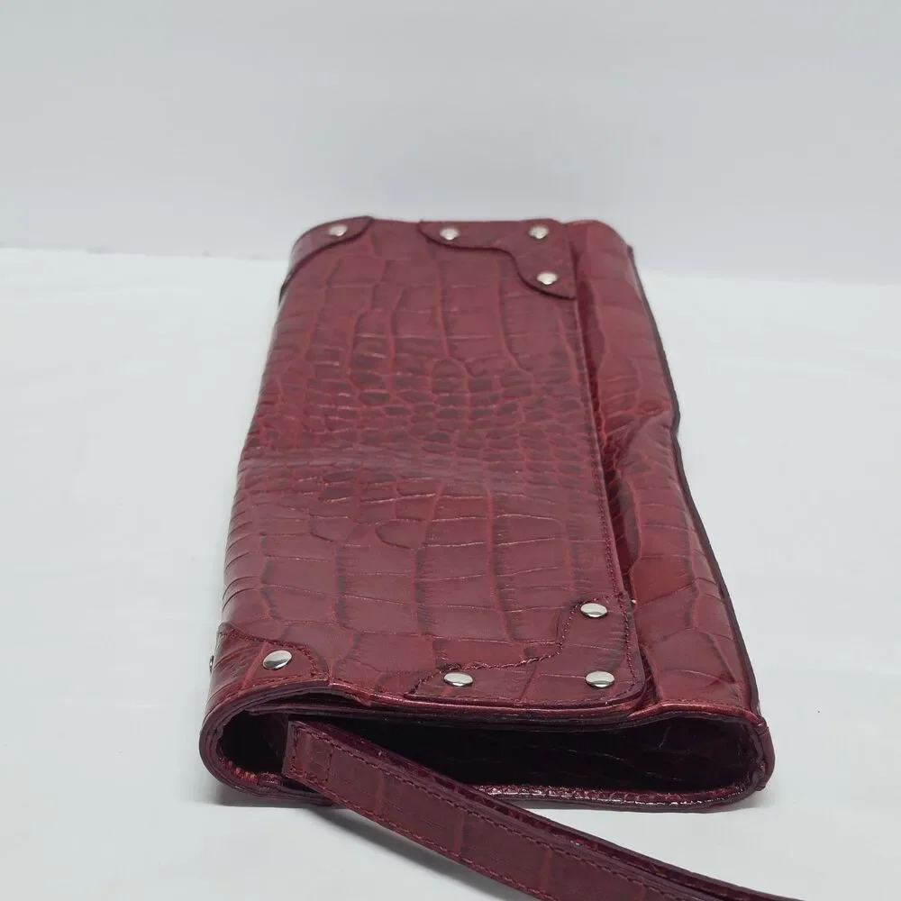 Claudia Firenze Croc Embossed Studded Clutch In Burgundy Red Leather Italy